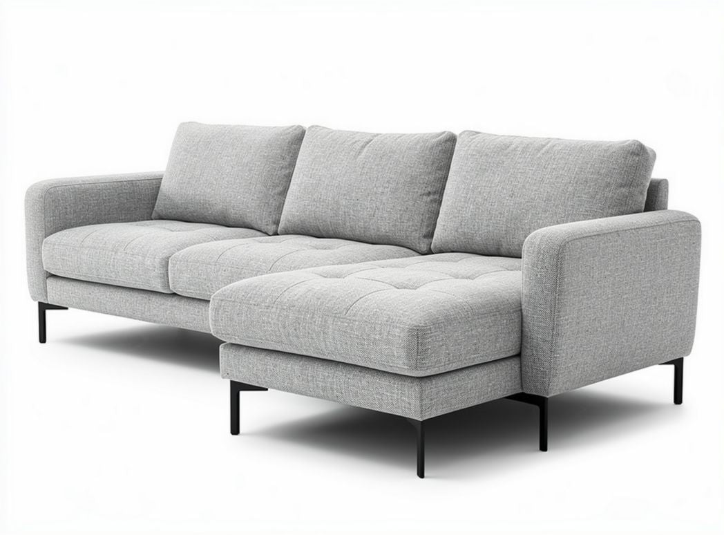 Grey fabric sectional sofa with tufted cushions and metal legs 200 x 90 x 80cm