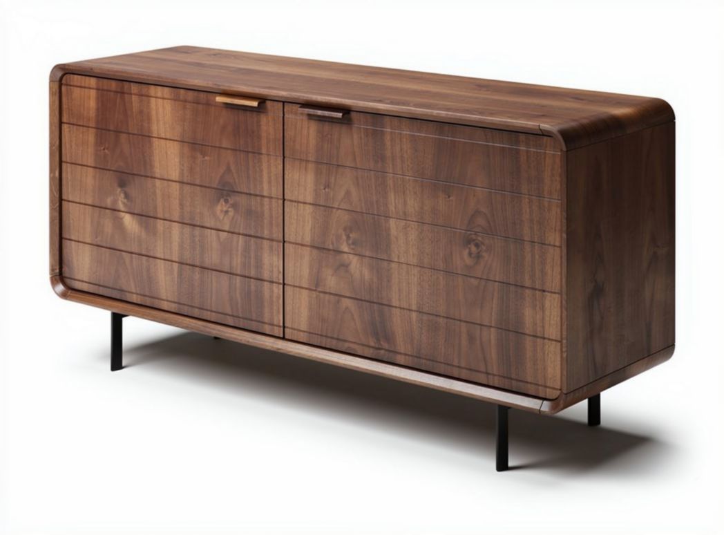 Walnut wood sideboard with two doors and metal legs 150 x 50 x 75cm