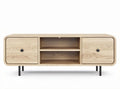Wooden media console with storage shelves and black metal legs 120 x 40 x 45cm