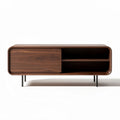 Walnut wood media console with open shelves and sliding door 120 x 40 x 50cm