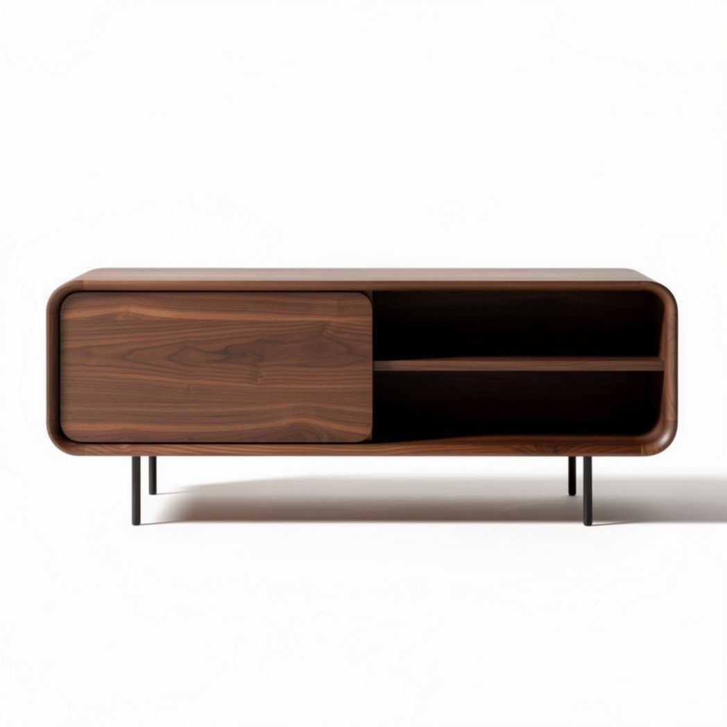 Walnut wood media console with open shelves and sliding door 120 x 40 x 50cm