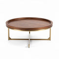 Round wooden coffee table with gold metal base and tray design 80 x 80 x 30cm