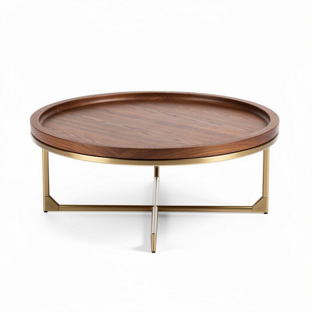 Round wooden coffee table with gold metal base and tray design 80 x 80 x 30cm