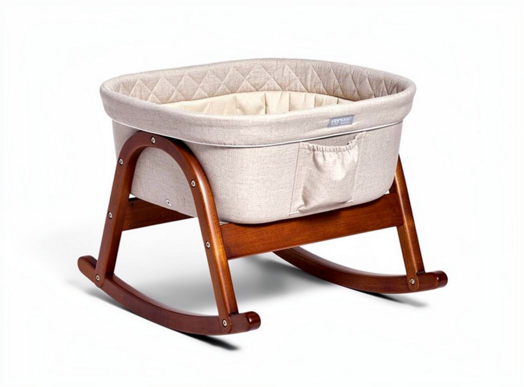 Rocking bassinet with wooden frame and fabric padding in beige color 80 x 50 x 30cm