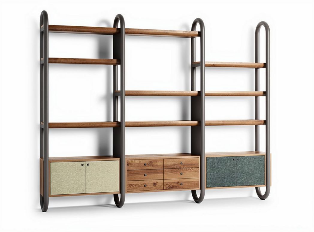Wood and metal shelving unit with two cabinets and five shelves 180 x 30 x 150cm