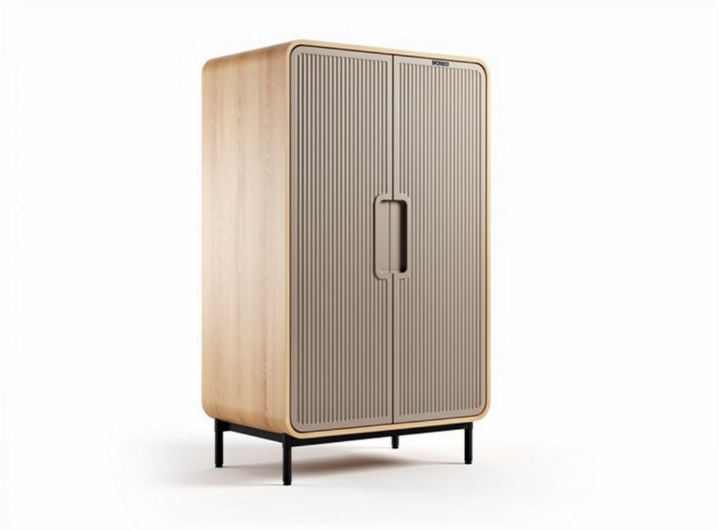 Wooden storage cabinet with ribbed doors and metal legs 120 x 60 x 180cm