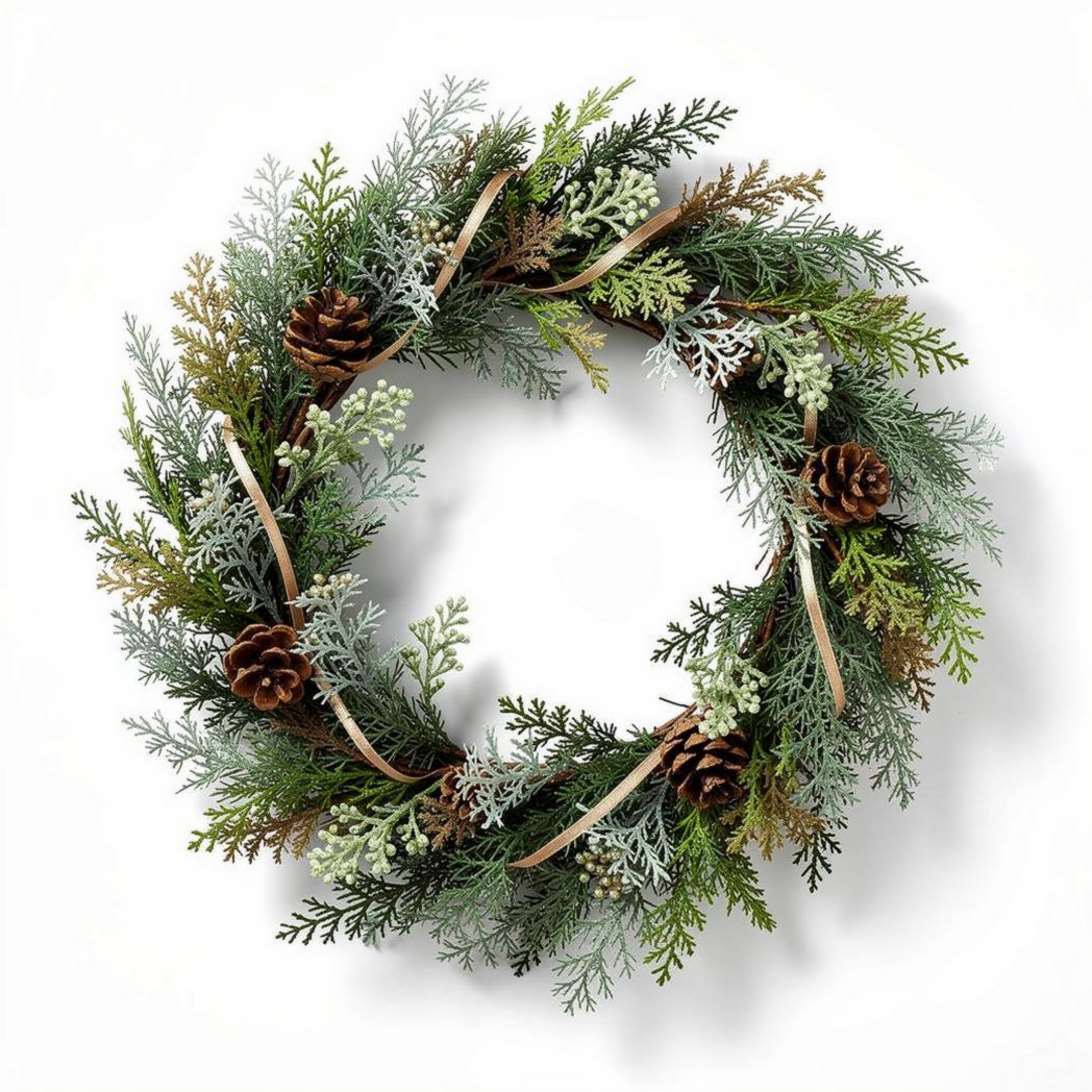 Artificial greenery wreath with pinecones and ribbon 40 x 40 x 10cm