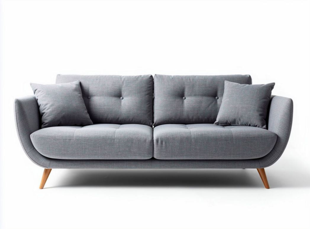Mid-century modern gray fabric sofa with wooden legs and three cushions 180 x 90 x 75cm
