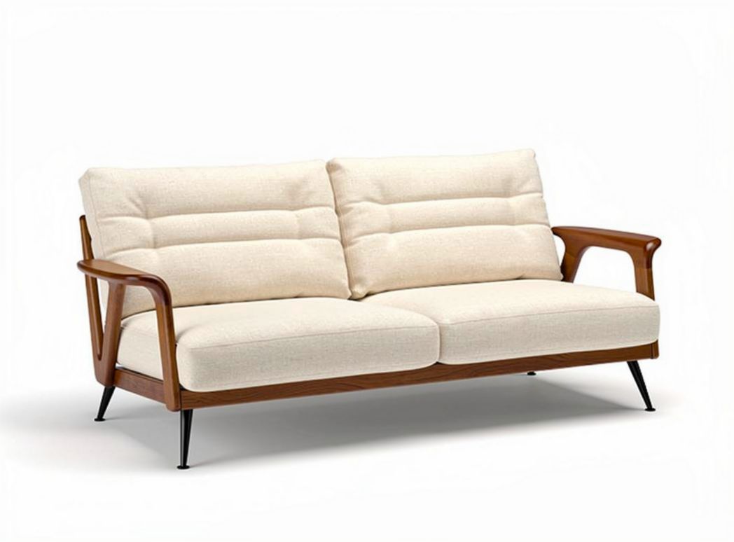 Mid-century modern two-seater sofa with wooden frame and beige upholstery